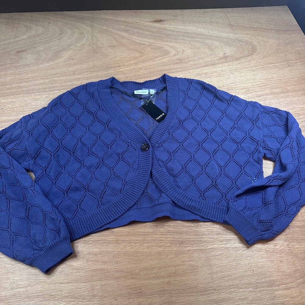 Torrid LoveSick Blue Pointelle Knit Cropped Cardigan Sweater 2X NWT